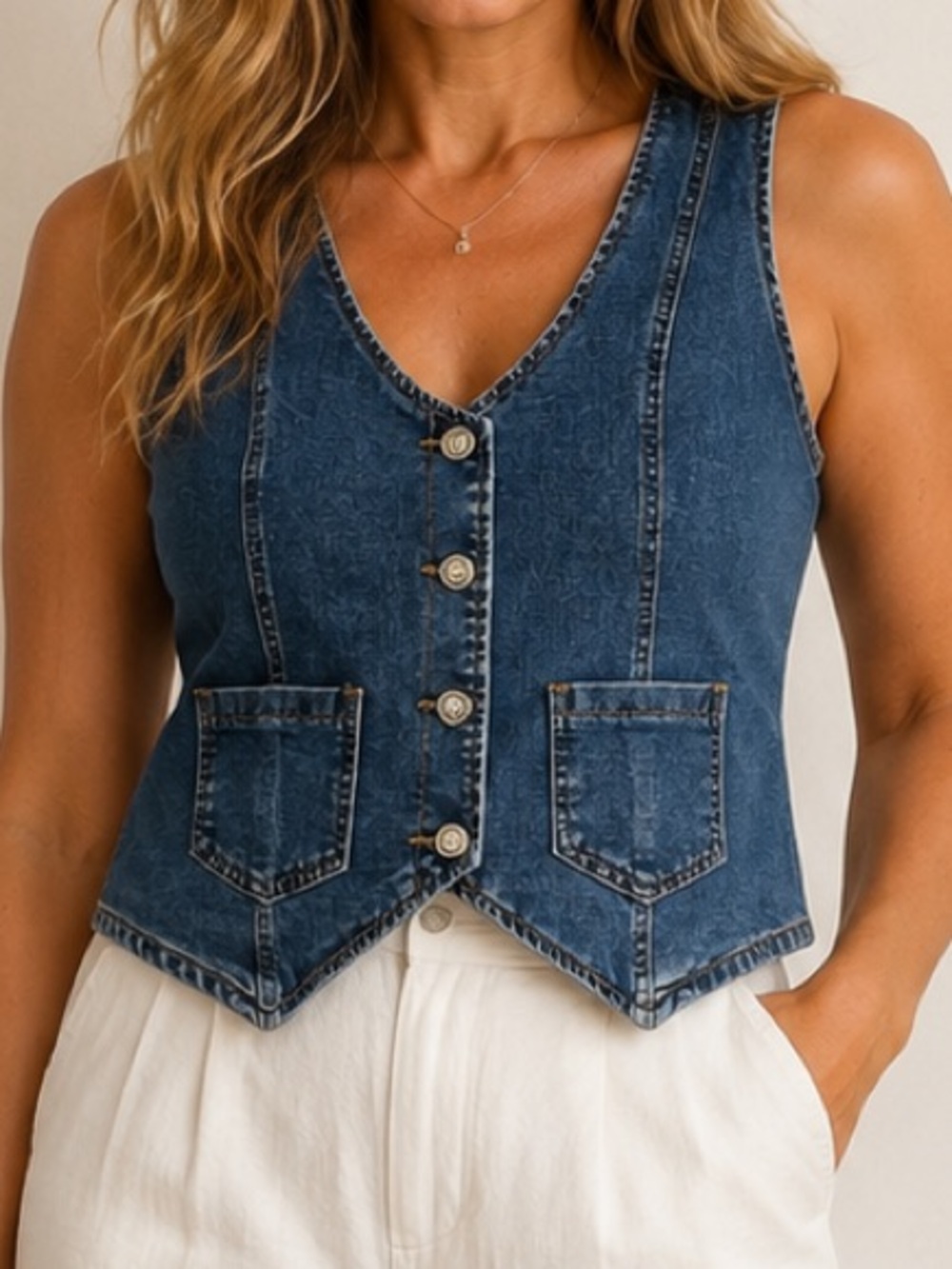 Genhoo Denim Vest XL Button Front Stretch Jean Vest Y2K Western Casual Blue